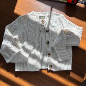 Monki Cardigan Sweater S Ivory Cable Knit Tortoise Button Preppy Cozy Coastal
